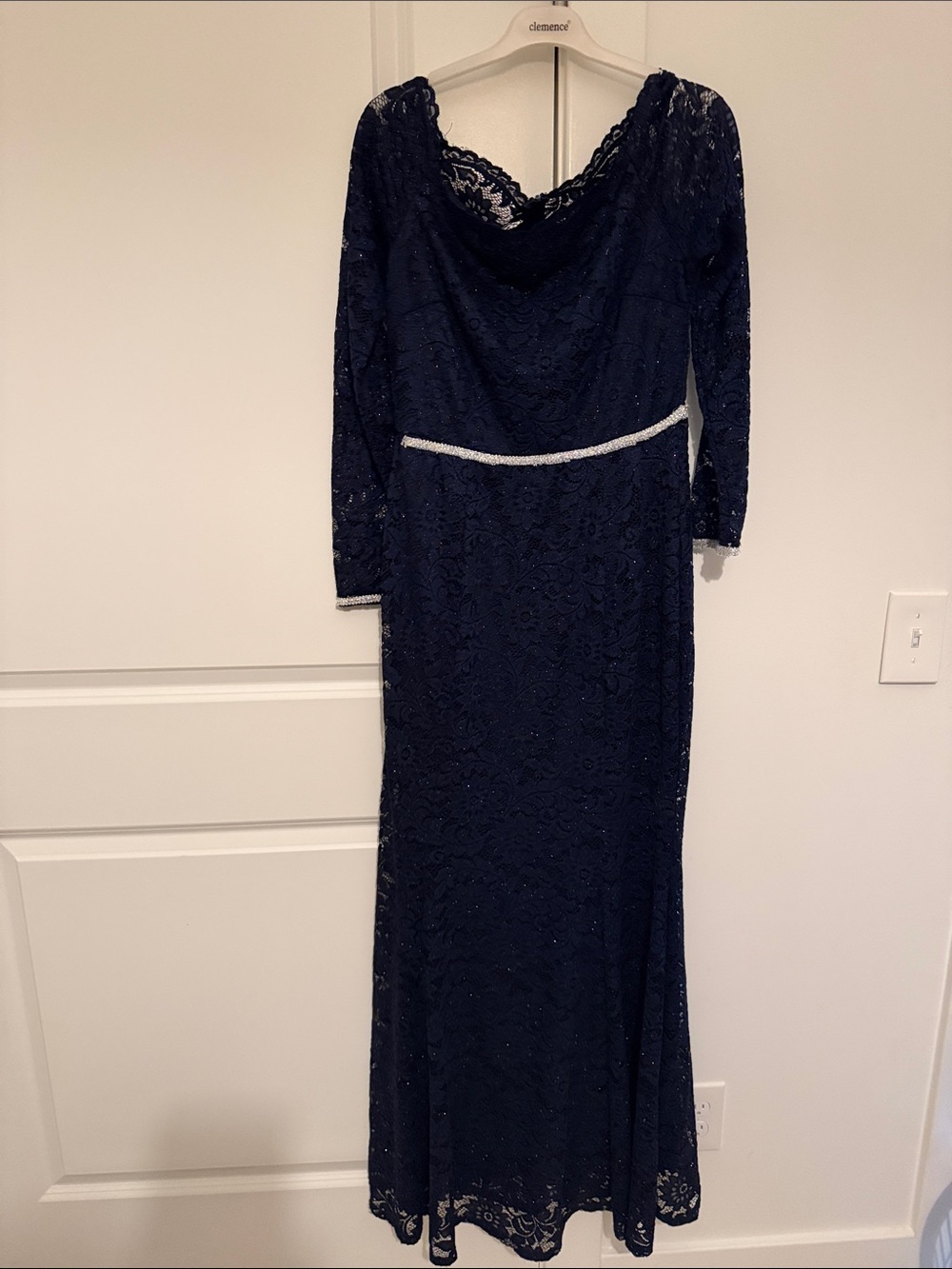 Elegant Navy Lace Evening Gown with Beaded Trim